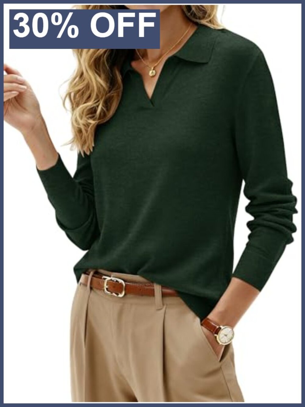 Women Wool Blend V Neck Long Sleeve Polo Collar Sweater Pullover